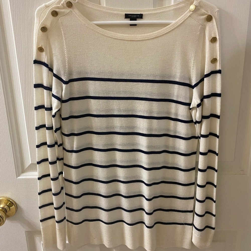 Ann Taylor Women's Cream Sweater w/ Navy stripes & Gold Shoulder buttons- Size S